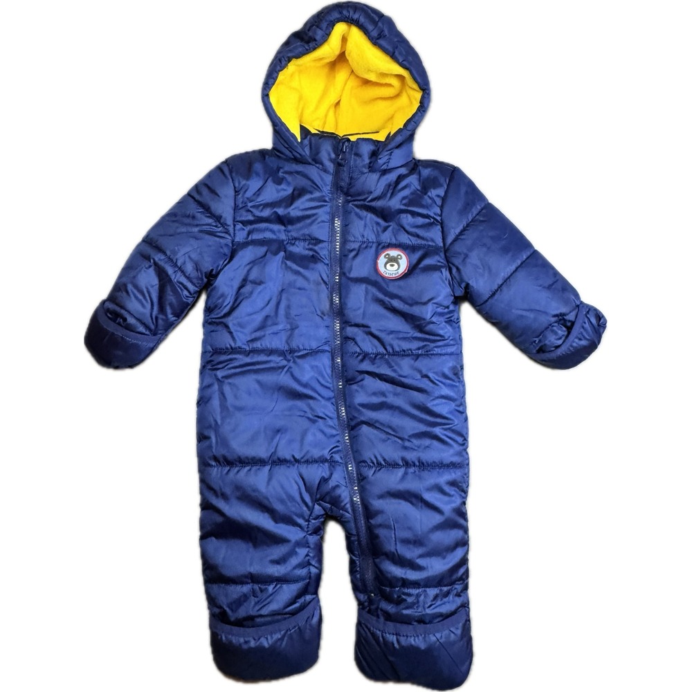 Baby Xtreme Puffer Snowsuit 9/12M Blue Hooded Fleece Lined Fold-Over Hands Feet